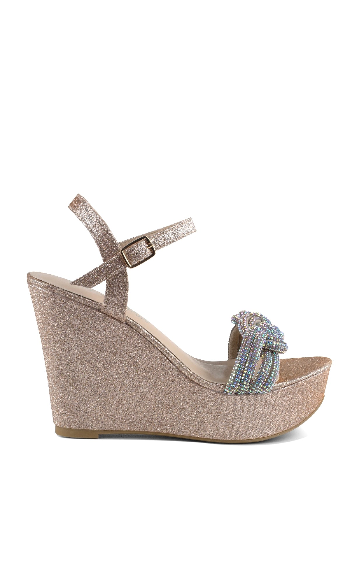 The Gemini Champagne Glitter Prom Shoe by Touch Ups 4650 features a wedge heel, ankle strap with buckle closure, platform sole, and a beaded bow detail over the toe area.